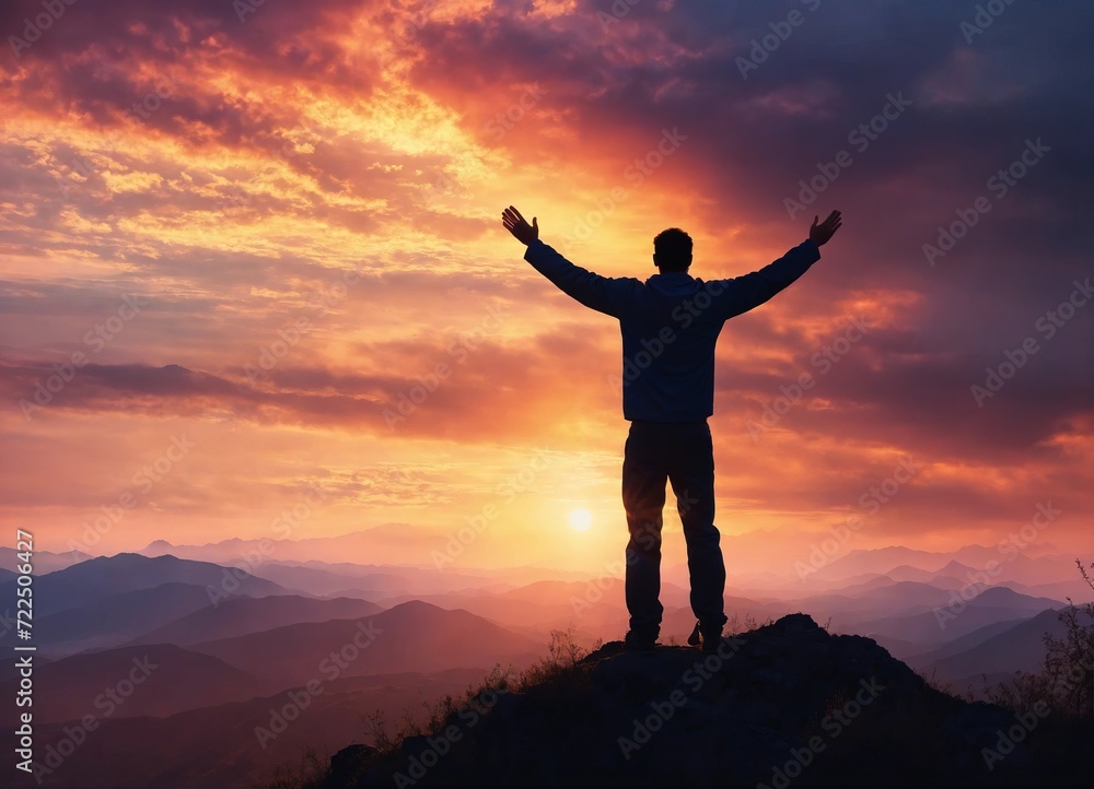 Silhouette of a man standing on top of a mountain with his hands up at sunset