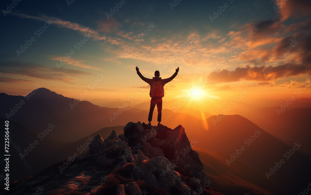 Silhouette of a man standing on top of a mountain with his hands up at sunset