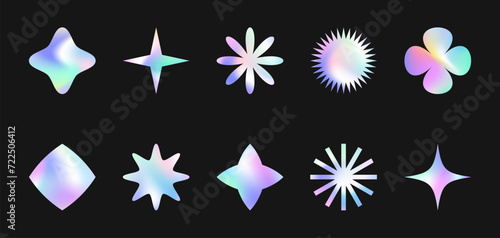 Vector set of holographic stickers in 90s style.Modern iridescent foil icons or symbols in y2k aesthetic.Trendy cosmic emblems for banners,social media marketing,branding,packaging,offers