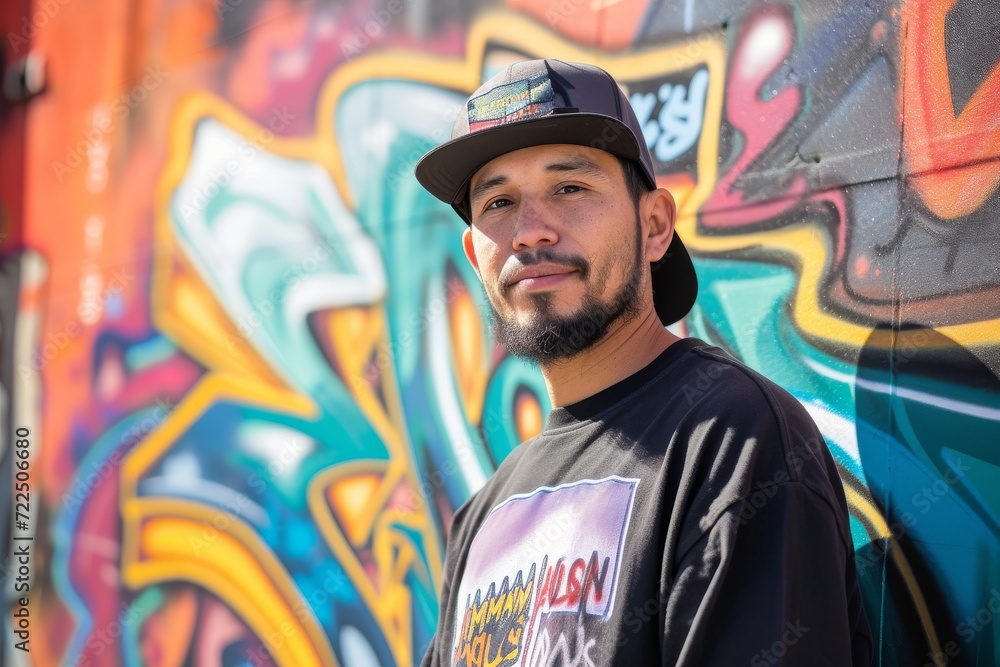 Obraz premium A mysterious man in a black hat stands proudly in front of a colorful street mural, his bearded face and fashion accessory drawing attention as he smiles at the world with an air of artistic rebellio