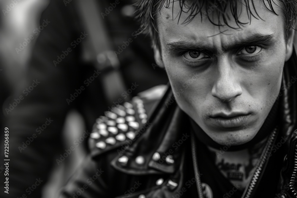 A brooding figure stands against the stark backdrop of the city streets, his piercing gaze and rugged leather jacket giving away little about the enigmatic man behind the monochrome portrait A brooding figure stands against the stark backdrop of the city streets, his piercing gaze and rugged leather jacket giving away little about the enigmatic man behind the monochrome portrait