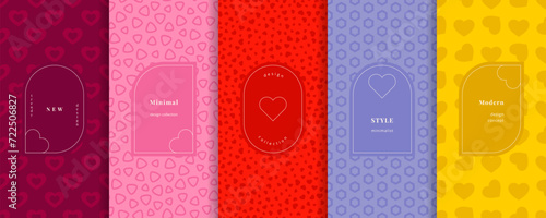 Vector Valentine's day seamless patterns collection. Set of cute trendy colorful geometric backgrounds with elegant minimal frames. Modern abstract textures with hearts. Funky modern childish design