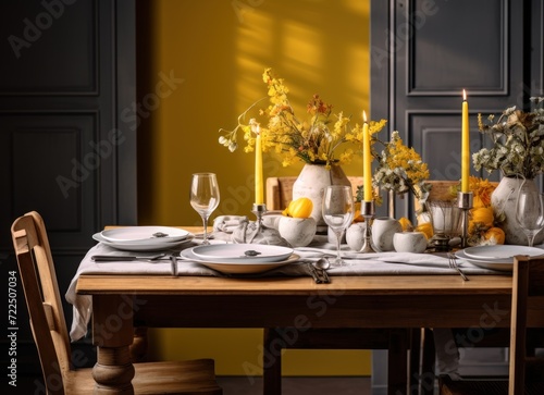  a wooden table topped with a white plate next to a vase filled with yellow flowers and a glass of wine.