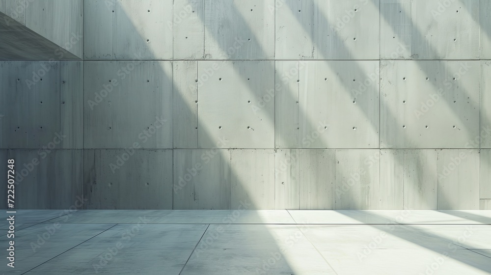 Obraz premium A minimalist room filled with natural light casts shadows on the composite material wall, creating a striking contrast of lines and shades of grey