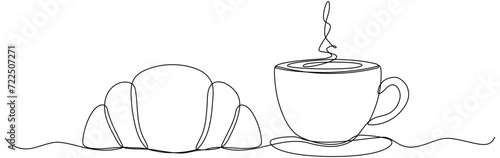 Coffee cup and croissant continuous line drawing. Vector illustration isolated on white.