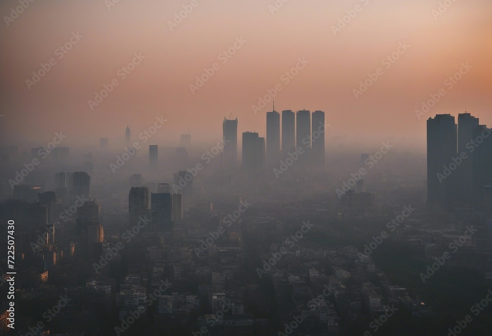 Air pollution Smog and fine dust of pm2 5 covered city in the morning with orange sunrise sky Citysc
