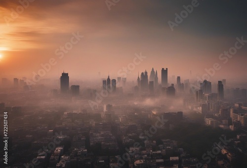 Air pollution Smog and fine dust of pm2 5 covered city in the morning with orange sunrise sky Citysc photo