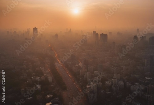 Air pollution Smog and fine dust of pm2 5 covered city in the morning with orange sunrise sky Citysc