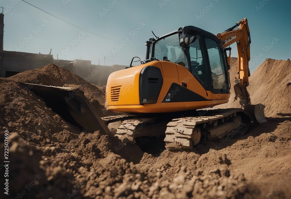 Closeup bucket of backhoe digging the soil at construction site Crawler excavator digging on demolit
