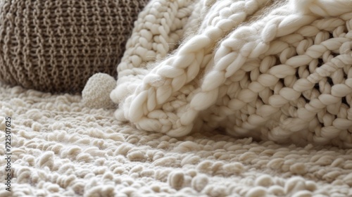 A cozy and inviting indoor scene featuring a white crochet blanket and pillows, showcasing intricate stitch patterns and delicate thread work in a beautiful display of fiber art