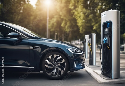 Car charging at electric car charging station Electric vehicle charger station for charge EV battery photo