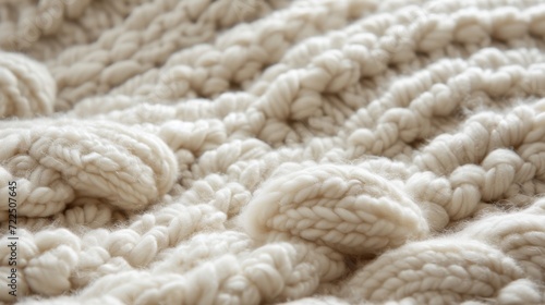 A cozy and intricate fiber masterpiece, the white knitted blanket exudes warmth and comfort, with its carefully crafted threads and soft textile, perfect for indoor snuggles
