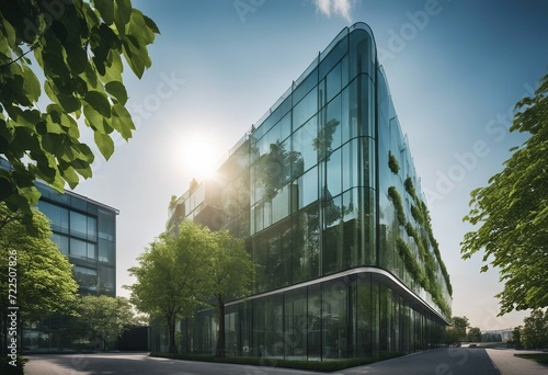 Eco-friendly building in the modern city Sustainable glass office building with tree for reducing ca