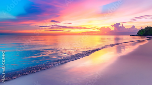 Experience the serenity of a tranquil beach at sunset  as the vibrant colors reflect harmoniously on the glistening water. Unwind and connect with nature in this breathtaking scene.