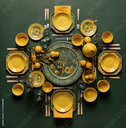  an overhead view of a table setting with yellow plates and utensils in the middle of a circular arrangement.