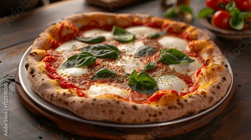 Neapolitan pizza with a blistered  chewy crust  tangy San Marzano tomato sauce  creamy fresh mozzarella  and aromatic basil leaves