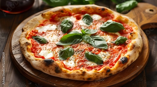 Neapolitan pizza with a blistered, chewy crust, tangy San Marzano tomato sauce, creamy fresh mozzarella, and aromatic basil leaves