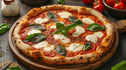 Neapolitan pizza with a blistered, chewy crust, tangy San Marzano tomato sauce, creamy fresh mozzarella, and aromatic basil leaves