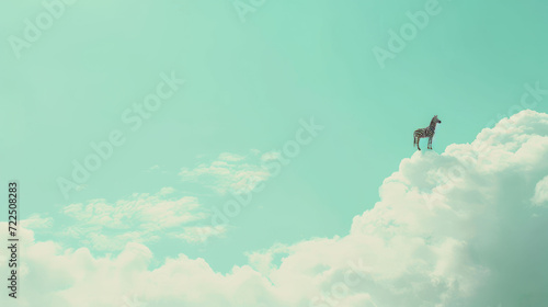  a giraffe standing on top of a cloud in a blue sky with a green and white color scheme.