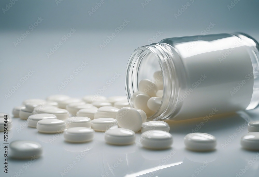 White tablets pill spilled out from white plastic bottle container Pharmaceutical industry Pharmacy White tablets pill spilled out from white plastic bottle container Pharmaceutical industry Pharmacy