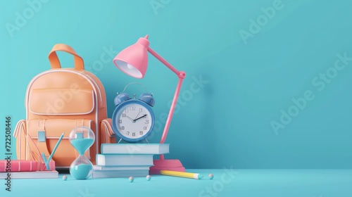 Back to school banner with 3d illustration of backpack, desk lamp, books with glass sand clock. Vector illustration photo