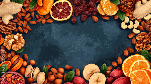 Dried fruits and nuts, healthy food concept graphic banner with copyspace