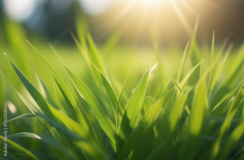 Green grass field with sunny blurred background. Close up view.