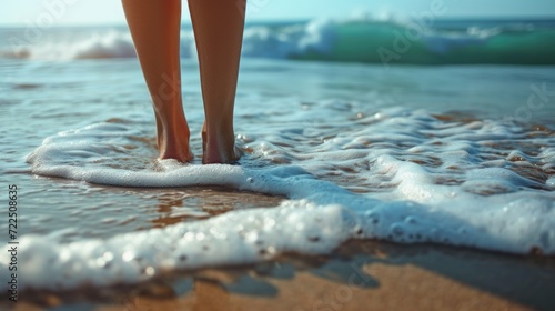 Bare feet touched by ocean waves