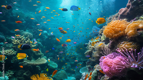 Dive deep into the mesmerizing beauty of a vibrant coral reef teeming with a kaleidoscope of colorful fish and diverse sea life. Immerse yourself in this underwater wonderland.