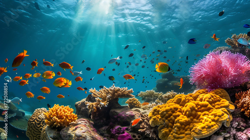 Dive deep into the mesmerizing beauty of a vibrant coral reef teeming with a kaleidoscope of colorful fish and diverse sea life. Immerse yourself in this underwater wonderland. © Nijat