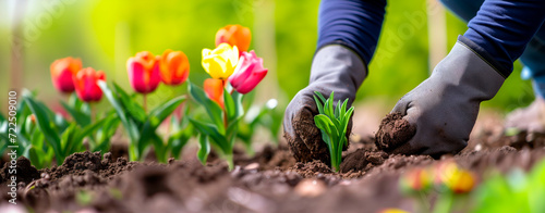 Hands planting tulips in soil, spring gardening hobby banner with copy space.
 #722509010