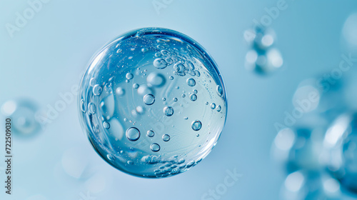 Clear water bubbles against a serene blue bokeh background. 
