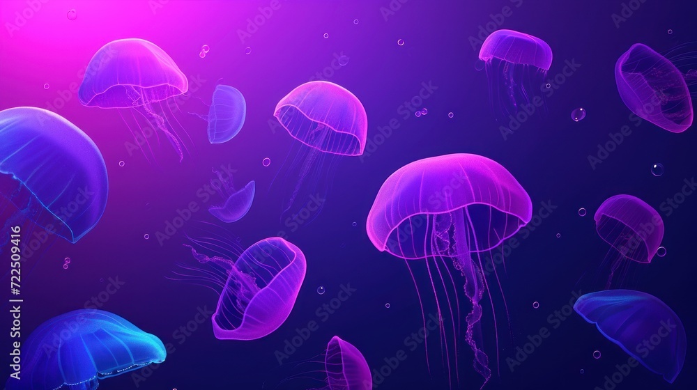 a group of jellyfish floating in the ocean on a purple and blue background with pink and blue hues. a group of jellyfish floating in the ocean on a purple and blue background with pink and blue hues.