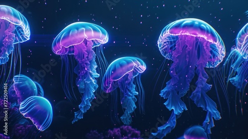  a group of jellyfish floating in the ocean with blue and pink lights on their heads and body and head.