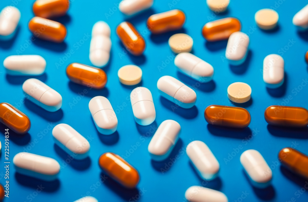 pills, capsules and vitamins on a blue background
