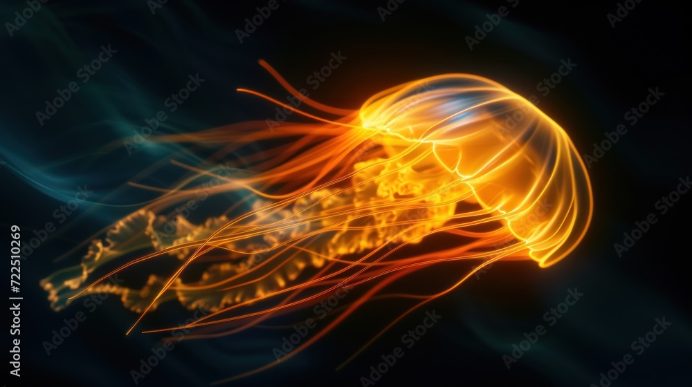 a close up of a jellyfish in the water with a lot of light coming out of it's tentacles. a close up of a jellyfish in the water with a lot of light coming out of it's tentacles.