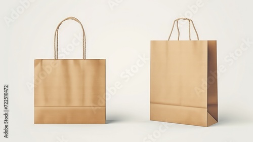 Craft brown paper bag and handle vector mockup. Shopping package mock up to carry food front view icon merchandising design collection. 3d retail reusable branding merchandise illustration photo