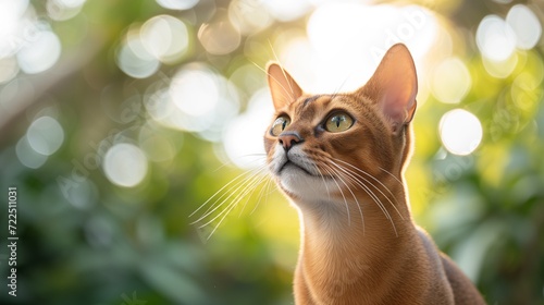 An Abyssinian Cat looking at the camera curiously with it's ears upwards with copy space