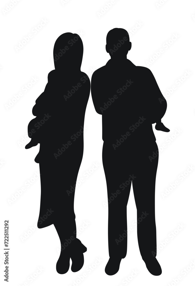 Black silhouette of a family picture, sketch of father and mother silhouette with children in their arms, twins, isolated vector