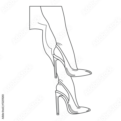 Drawing sketch outline silhouette of female legs in a pose. Shoes stilettos, high heels