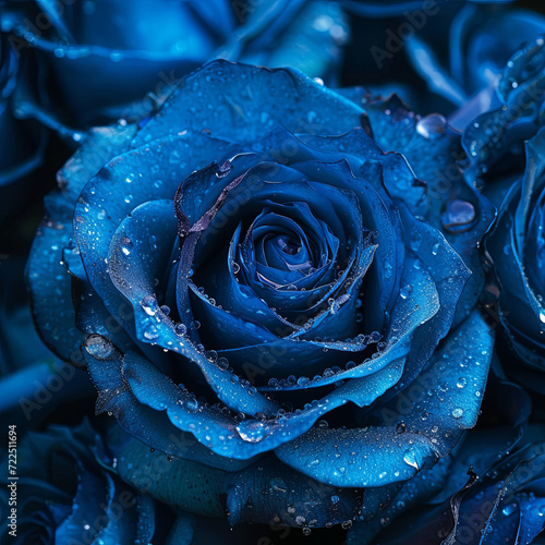Beautiful close up of a blue rose with dew drops