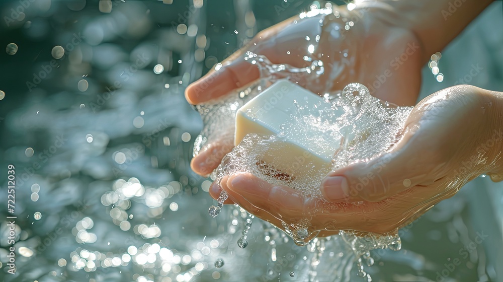 Fototapeta premium Hand hold soap hygiene concept wallpaper background