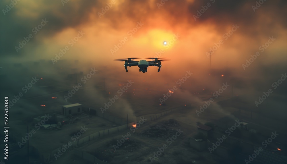 Drohne über einem Gebiet bei einer Naturkatastrophe (KI-/AI-generiert) - obrazy, fototapety, plakaty 