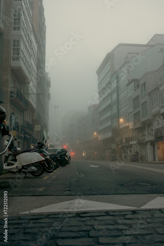 Misty Morning in the City - Urban Street Shrouded in Fog