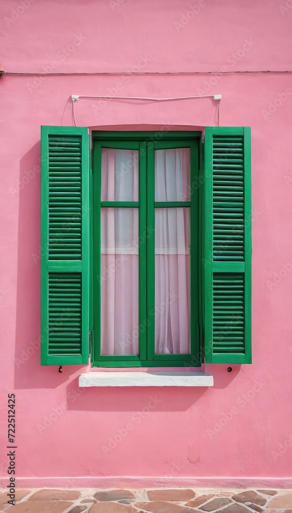 green window with white sill on pink wall. Summer bright colors, retro vintage