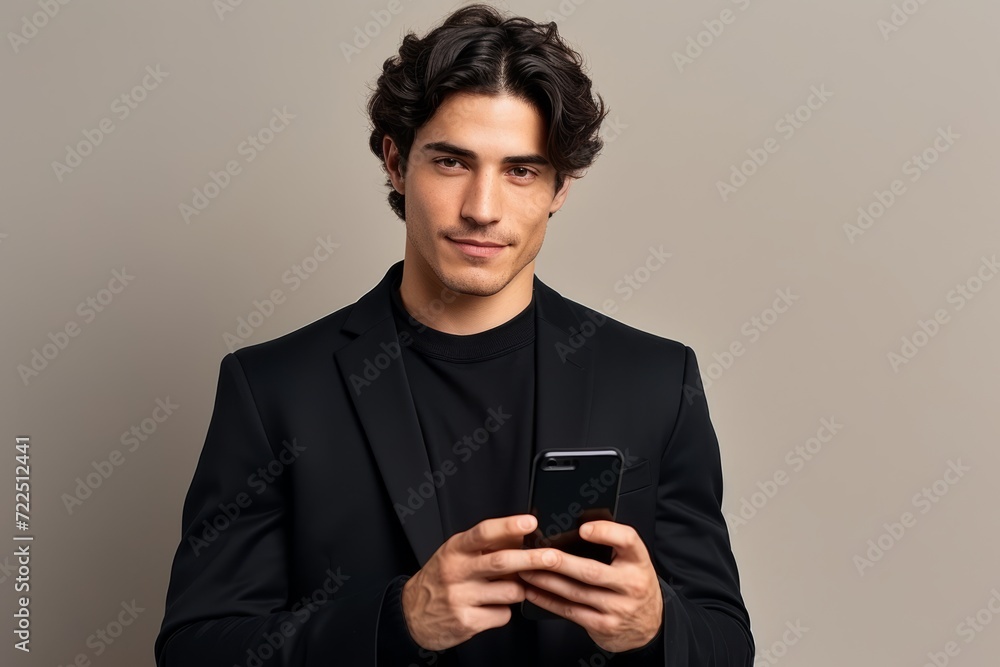 Handsome young man in a black suit using a mobile phone. Handsome young man in a black suit using a mobile phone.