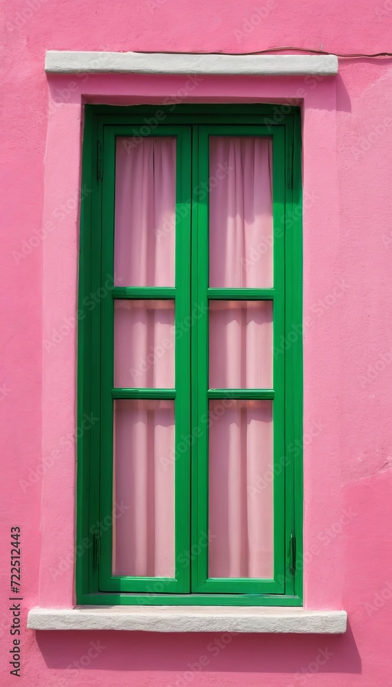 Fototapeta premium green window with white sill on pink wall. Summer bright colors, retro vintage