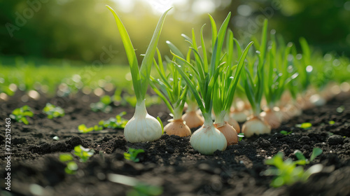 Onion bulbs in soil, plantation in country garden, growing vegetables. Red and gold onions. Beginning of spring season, field, agriculture concept.