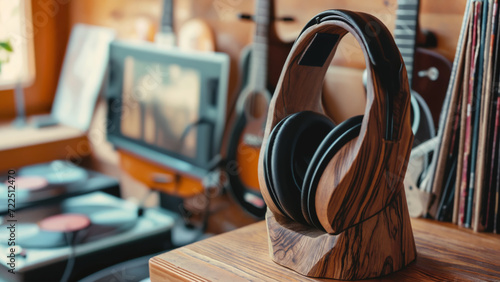 High-Fidelity Vintage Studio Headphones Mounted on a Wooden Stand Against the Backdrop of a Sound Mixing Music Studio
