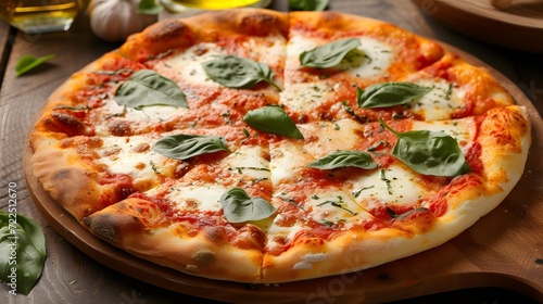 Margherita pizza with a thin, crisp crust, vibrant tomato sauce, fresh mozzarella, fragrant basil leaves, and a drizzle of extra-virgin olive oil